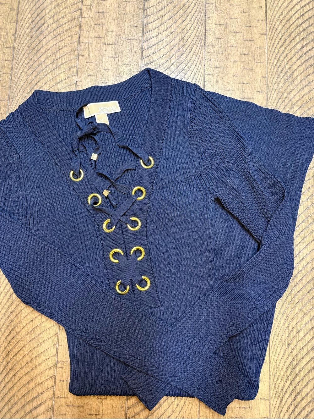 Michael Kors Navy Lace-Up Ribbed V-Neck Dress with Gold Eyelets